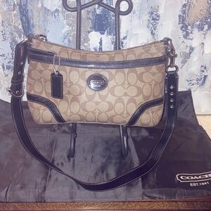 Coach Tan Signature Canvas Crossbody with Dark Brown Leather Trim